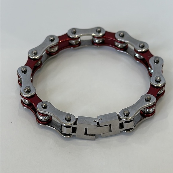 Silver and Gloss Brick Red Color Stainless Steel Bike Chain Bracelet with Stones - Picture 2 of 6